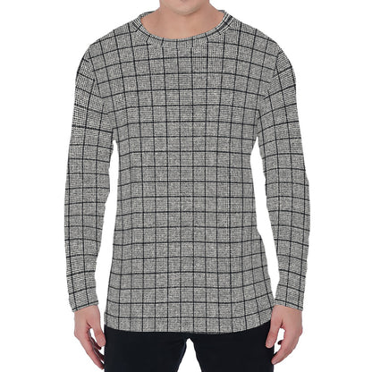Grey Windowpane Pattern Print Men's Long Sleeve T-Shirt