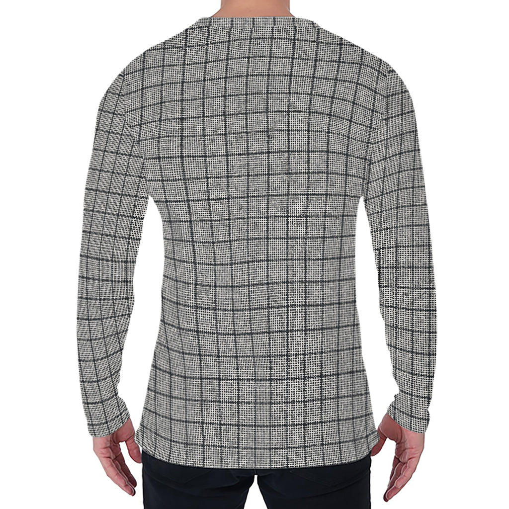 Grey Windowpane Pattern Print Men's Long Sleeve T-Shirt