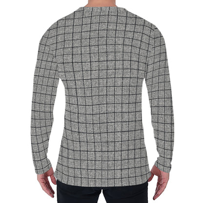 Grey Windowpane Pattern Print Men's Long Sleeve T-Shirt