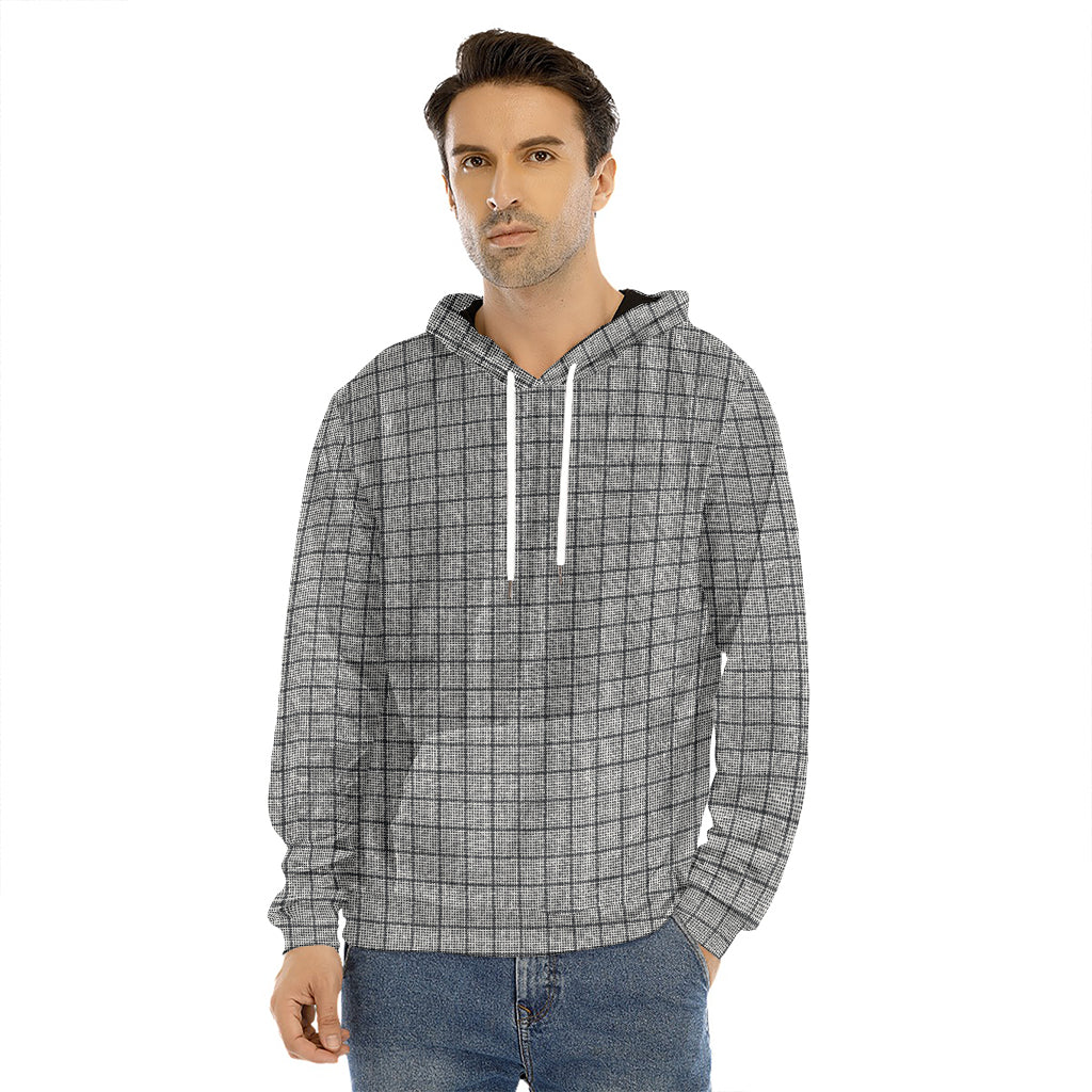 Grey Windowpane Pattern Print Men's Velvet Pullover Hoodie