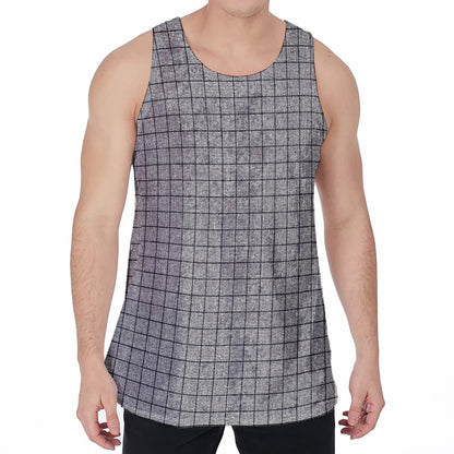 Grey Windowpane Pattern Print Men's Velvet Tank Top