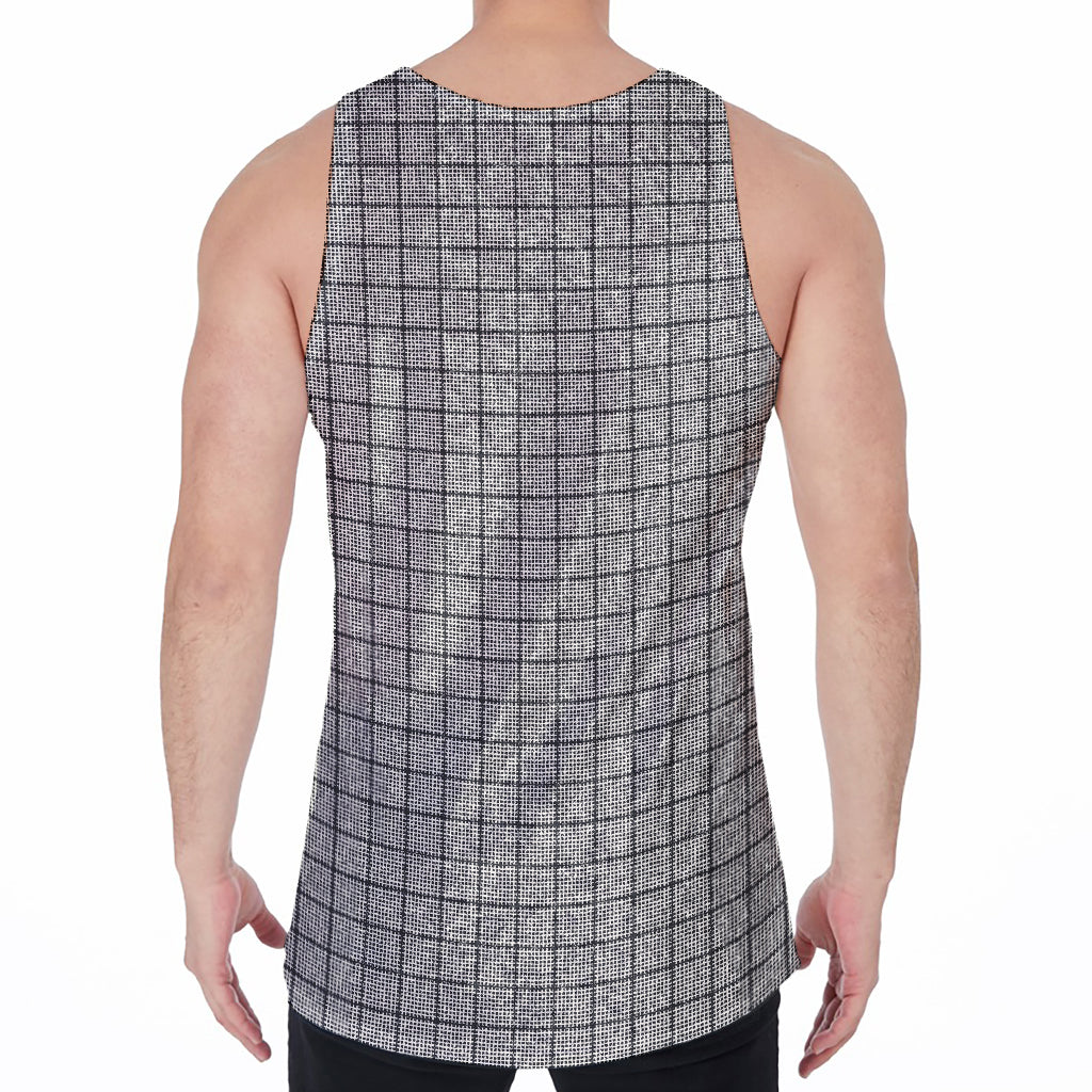 Grey Windowpane Pattern Print Men's Velvet Tank Top