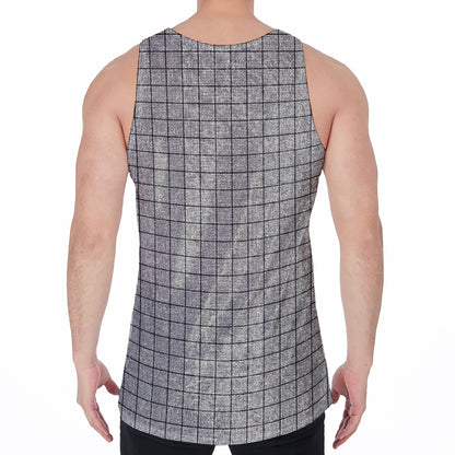 Grey Windowpane Pattern Print Men's Velvet Tank Top