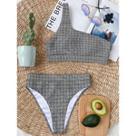 Grey Windowpane Pattern Print One Shoulder Bikini Top
