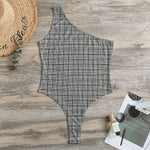 Grey Windowpane Pattern Print One Shoulder Bodysuit