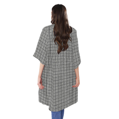 Grey Windowpane Pattern Print Open Front Beach Cover Up