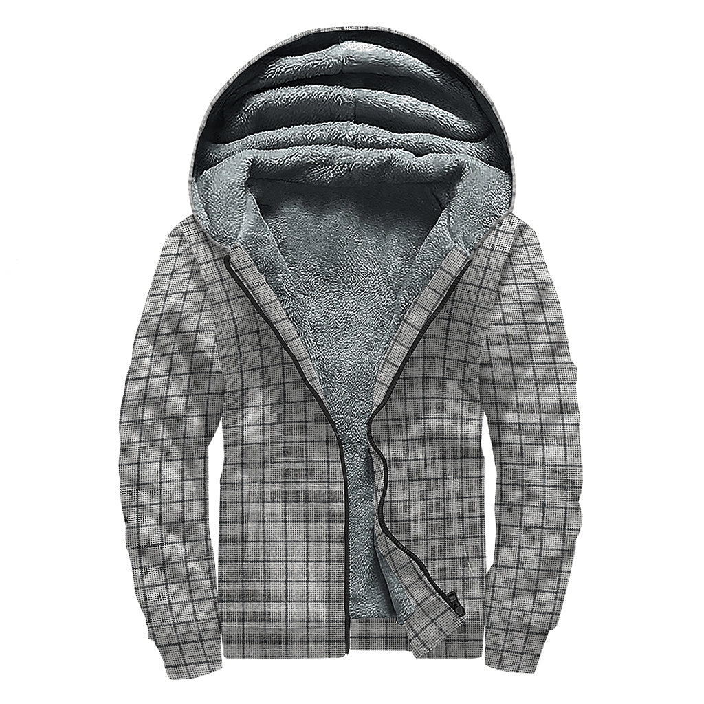 Grey Windowpane Pattern Print Sherpa Lined Zip Up Hoodie