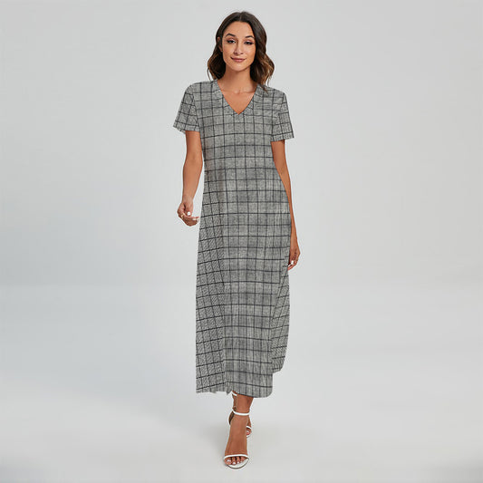 Grey Windowpane Pattern Print Short Sleeve Maxi Dress