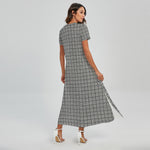 Grey Windowpane Pattern Print Short Sleeve Maxi Dress