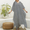 Grey Windowpane Pattern Print Silk V-Neck Kaftan Dress