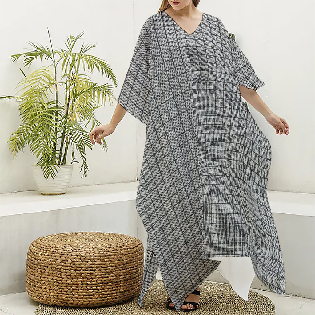 Grey Windowpane Pattern Print Silk V-Neck Kaftan Dress