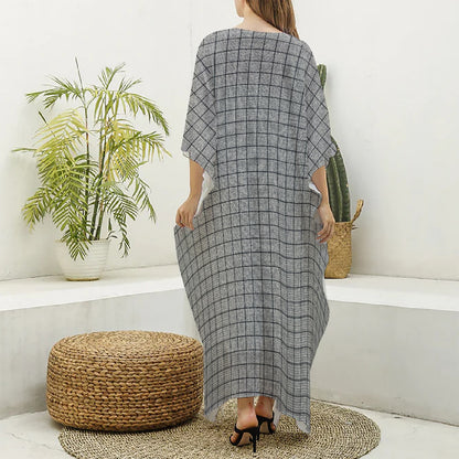 Grey Windowpane Pattern Print Silk V-Neck Kaftan Dress
