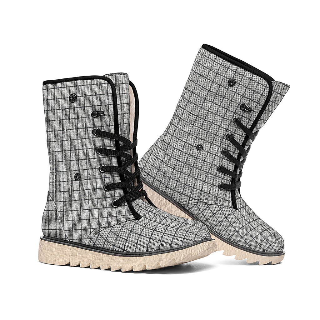 Grey Windowpane Pattern Print Winter Boots