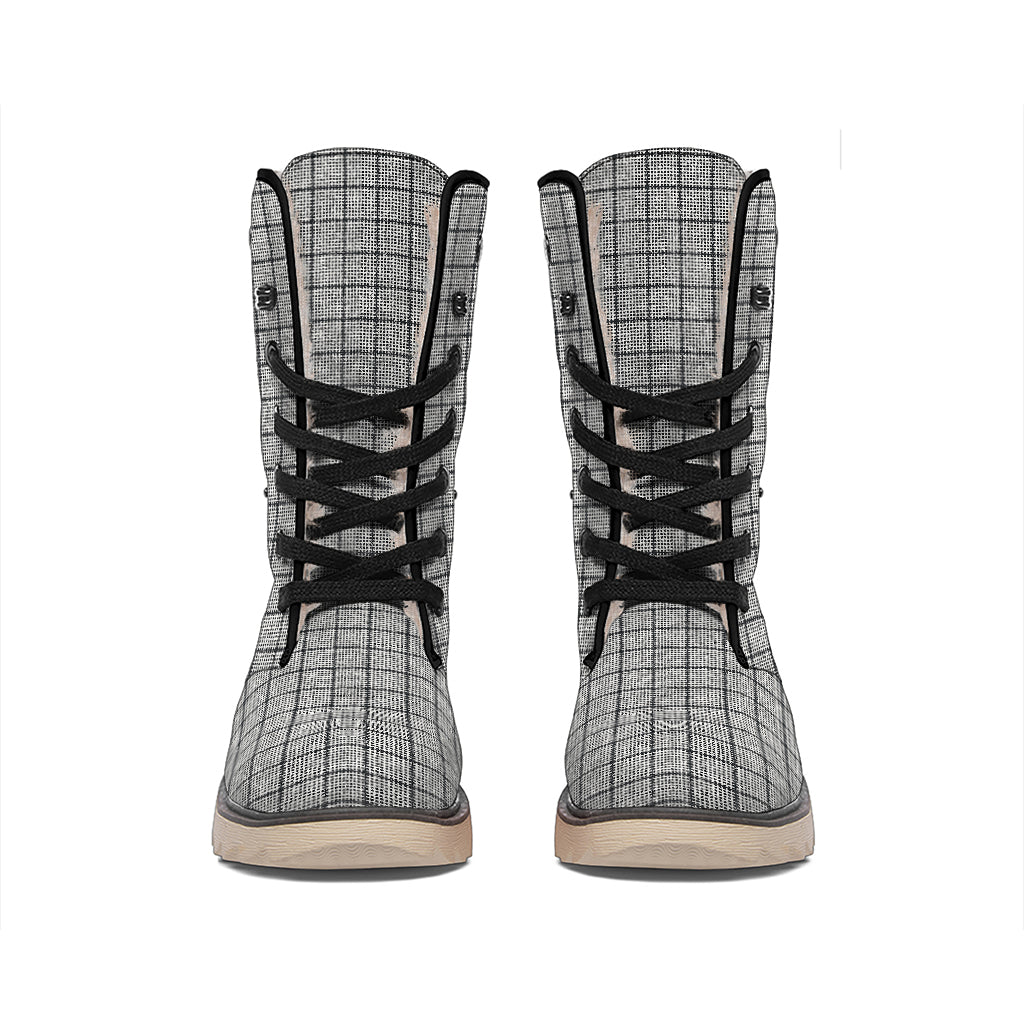 Grey Windowpane Pattern Print Winter Boots