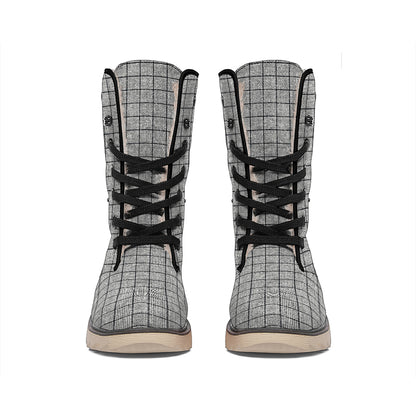 Grey Windowpane Pattern Print Winter Boots