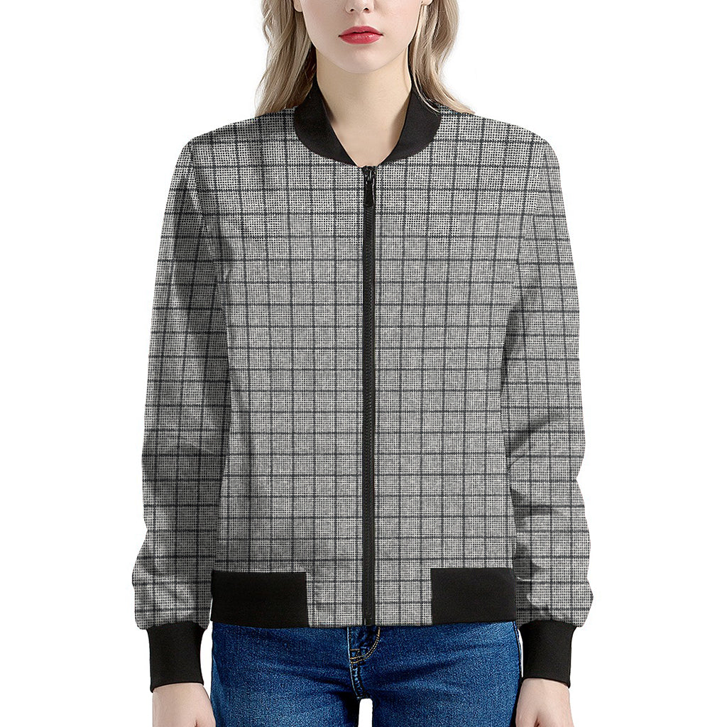 Grey Windowpane Pattern Print Women's Bomber Jacket