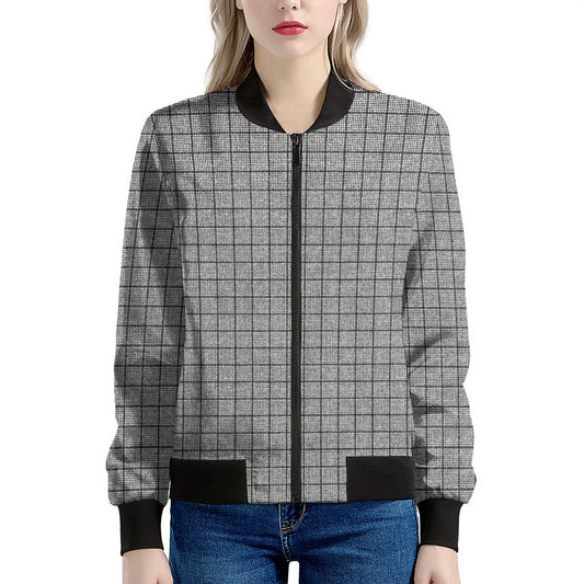 Grey Windowpane Pattern Print Women's Bomber Jacket