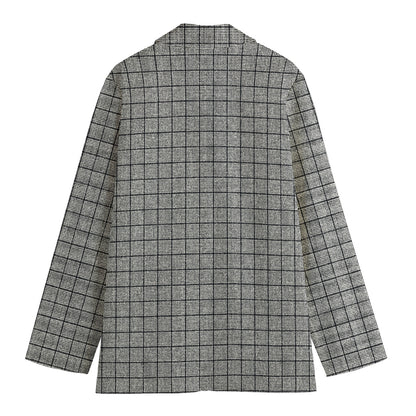 Grey Windowpane Pattern Print Women's Cotton Blazer