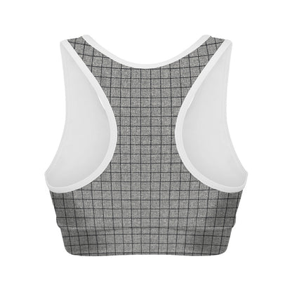 Grey Windowpane Pattern Print Women's Sports Bra