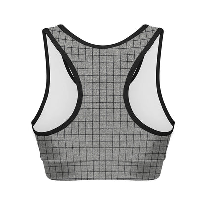 Grey Windowpane Pattern Print Women's Sports Bra