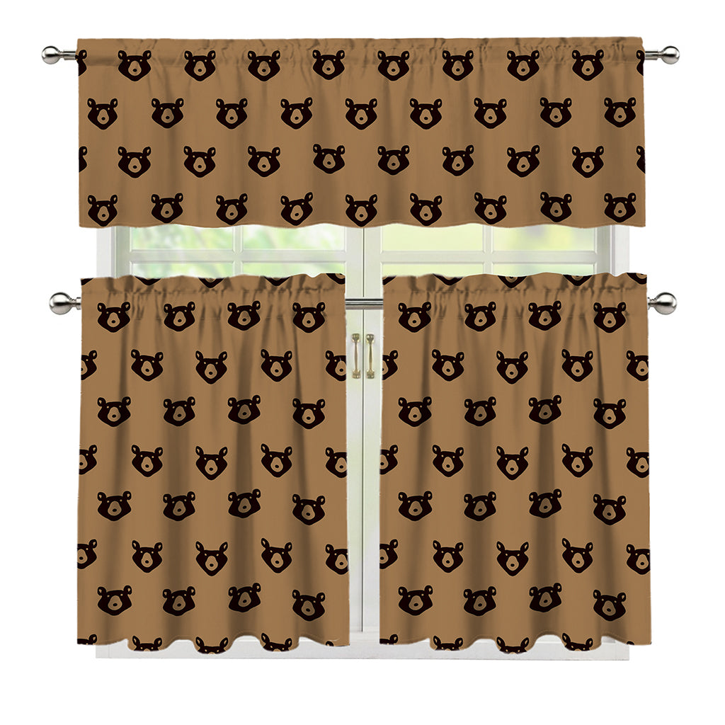 Grizzly Bear Pattern Print 3 Piece Kitchen Curtains