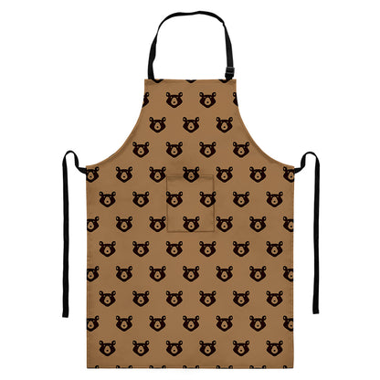 Grizzly Bear Pattern Print Bib Apron With Pocket