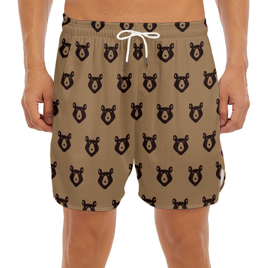 Grizzly Bear Pattern Print Men's Split Running Shorts
