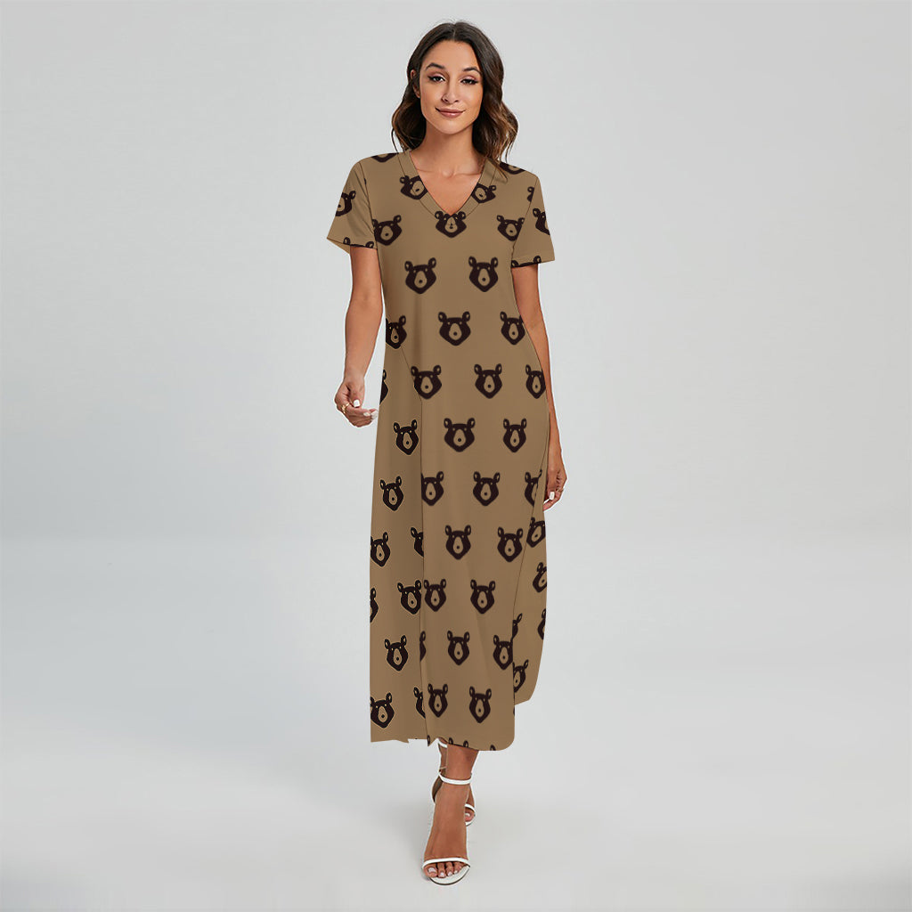 Grizzly Bear Pattern Print Short Sleeve Maxi Dress