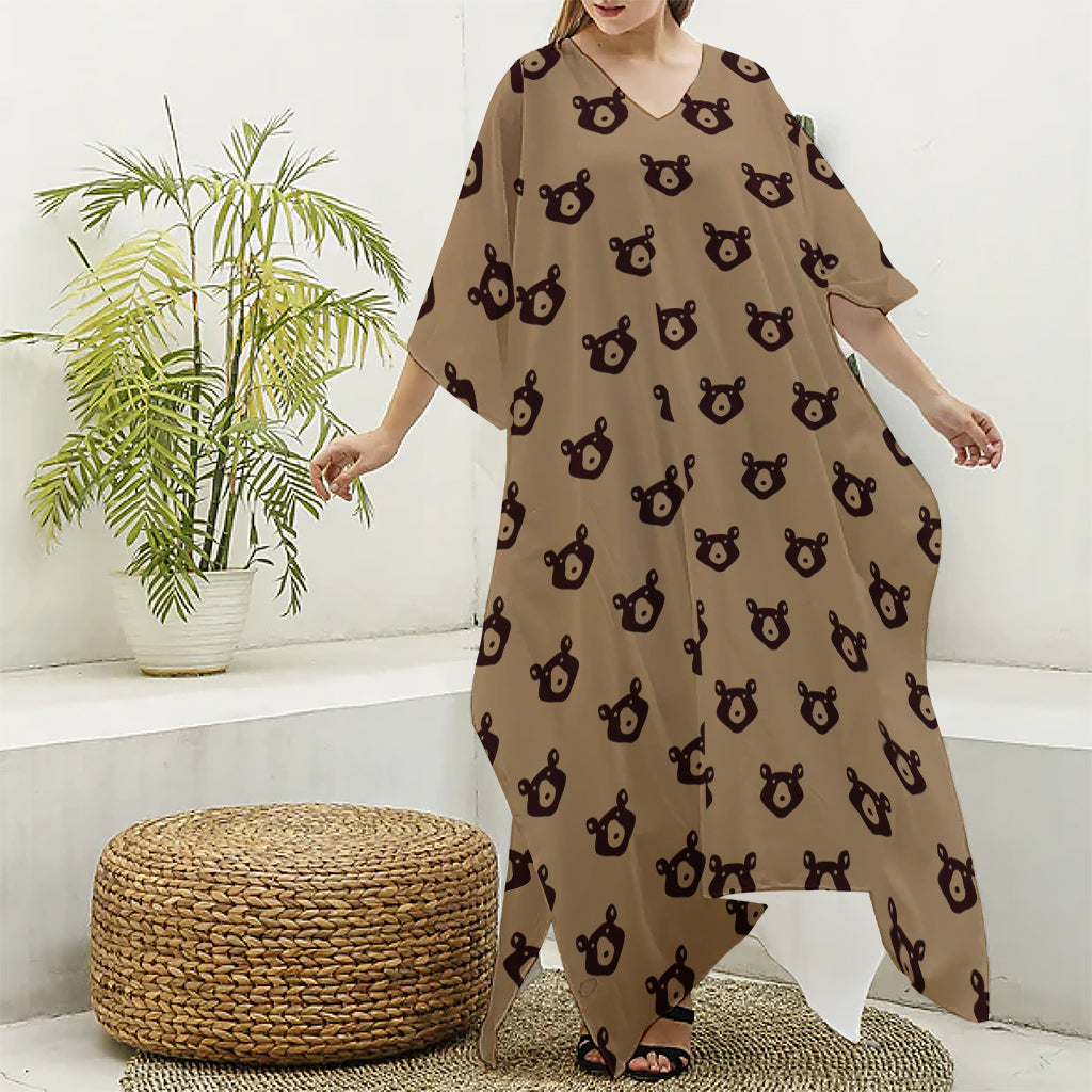 Grizzly Bear Pattern Print Silk V-Neck Kaftan Dress