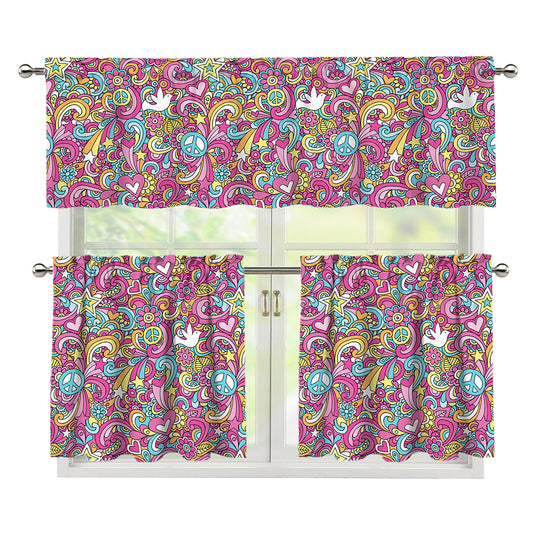 Groovy Girly Peace Pattern Print 3 Piece Kitchen Curtains