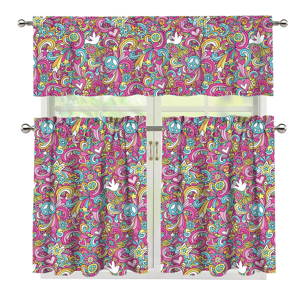 Groovy Girly Peace Pattern Print 3 Piece Kitchen Curtains