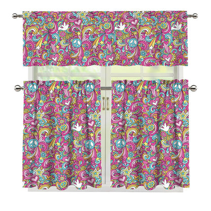 Groovy Girly Peace Pattern Print 3 Piece Kitchen Curtains