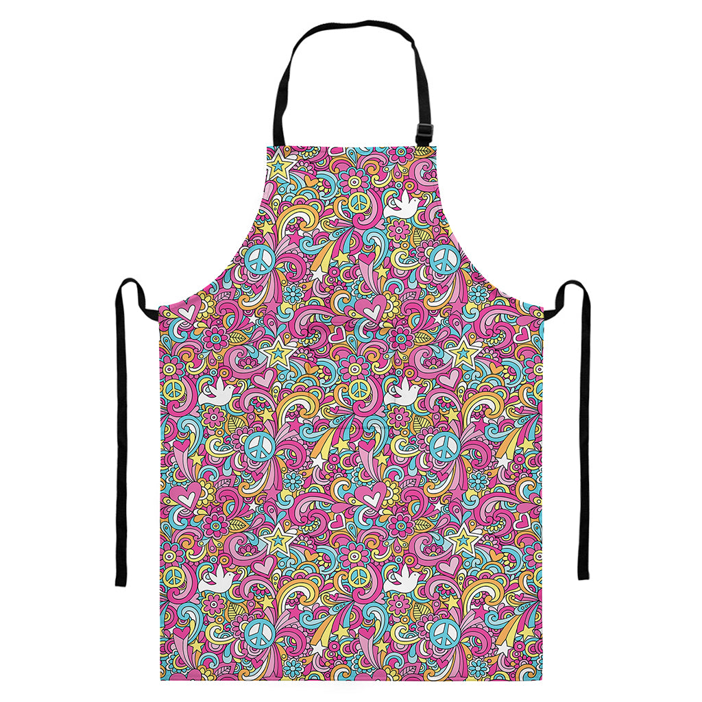 Groovy Girly Peace Pattern Print Bib Apron With Pocket