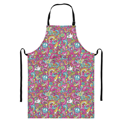 Groovy Girly Peace Pattern Print Bib Apron With Pocket