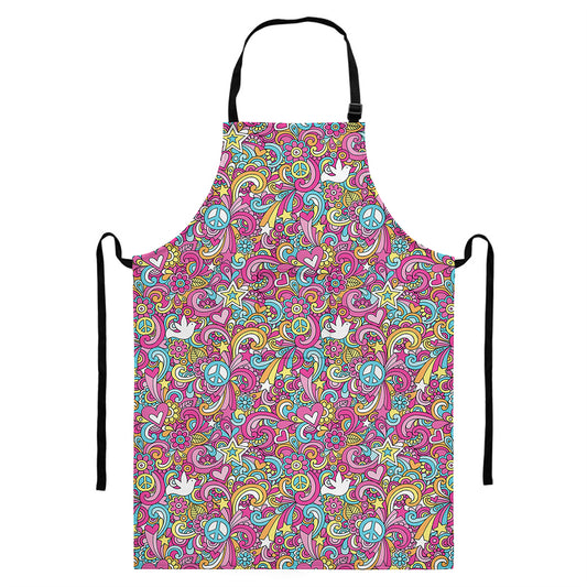 Groovy Girly Peace Pattern Print Bib Apron With Pocket