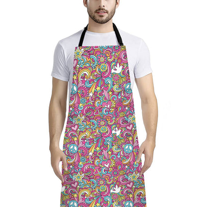 Groovy Girly Peace Pattern Print Bib Apron With Pocket
