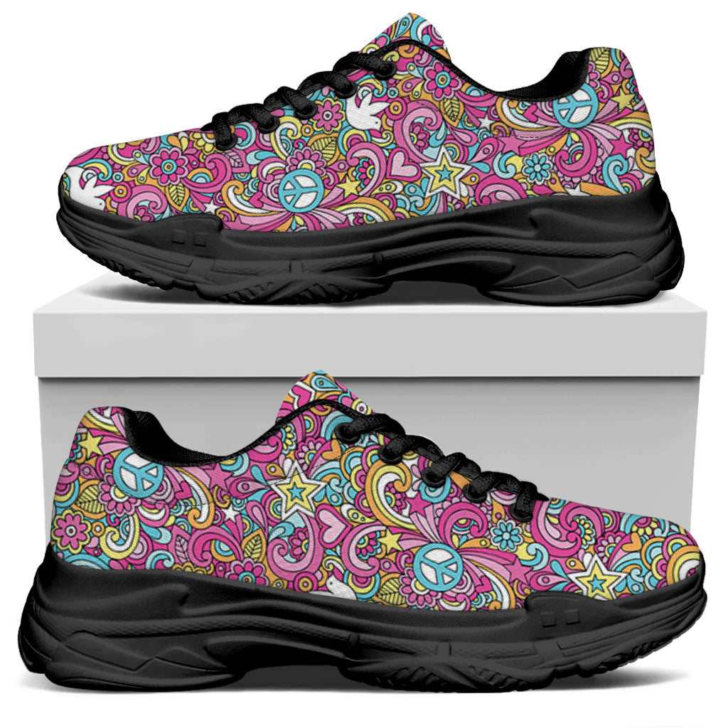 Groovy Girly Peace Pattern Print Black Chunky Shoes