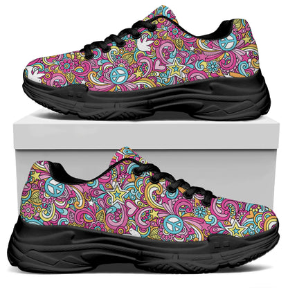 Groovy Girly Peace Pattern Print Black Chunky Shoes