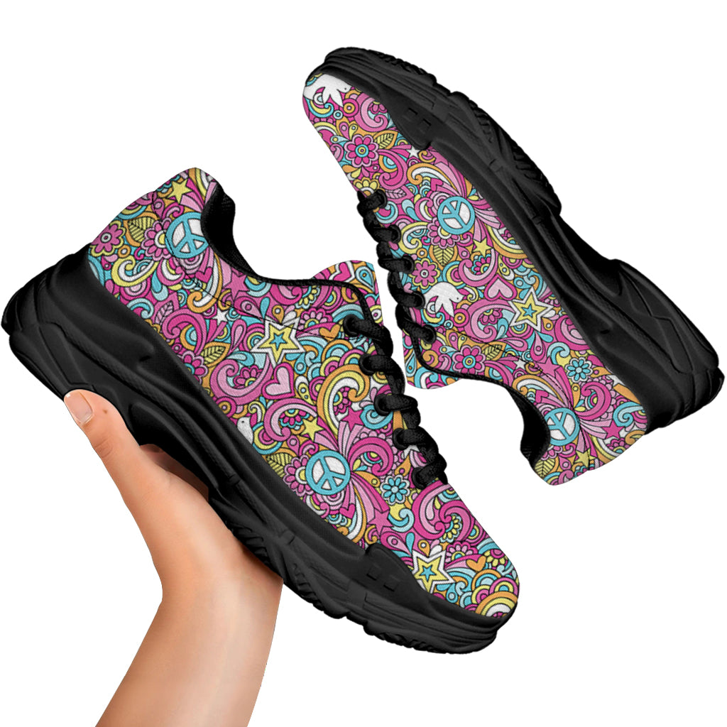 Groovy Girly Peace Pattern Print Black Chunky Shoes