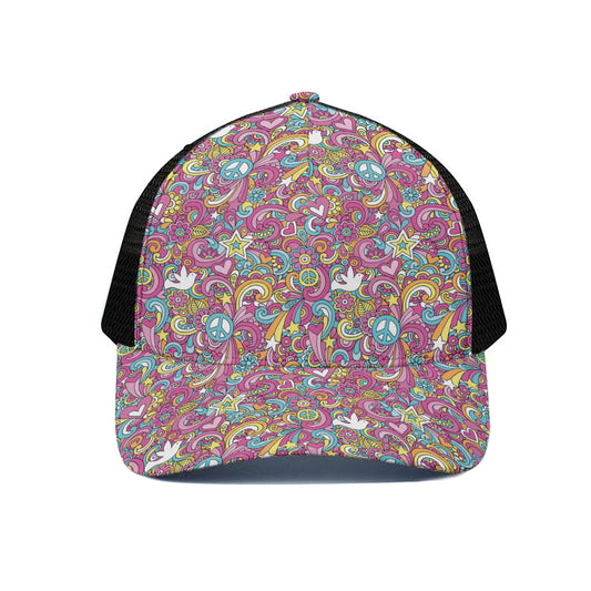 Groovy Girly Peace Pattern Print Black Mesh Trucker Cap