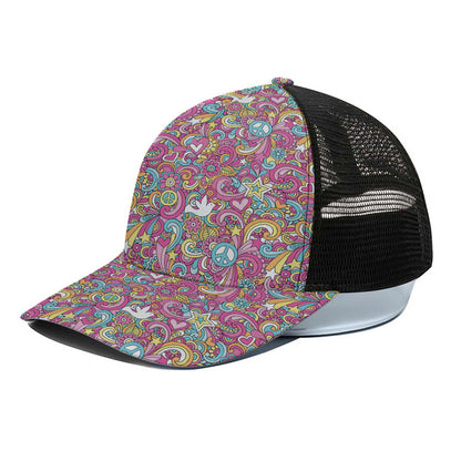 Groovy Girly Peace Pattern Print Black Mesh Trucker Cap