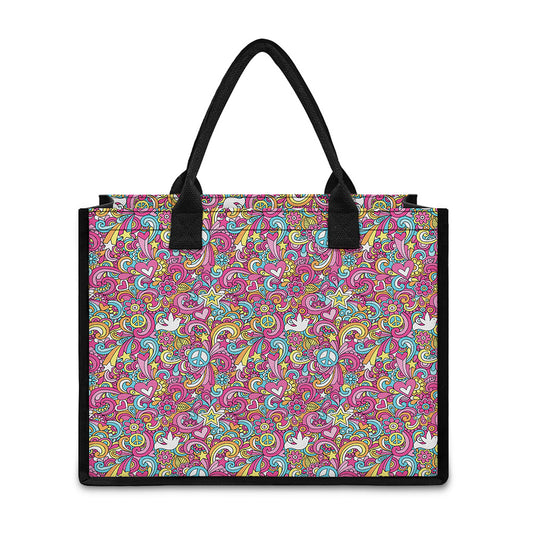 Groovy Girly Peace Pattern Print Canvas Tote Bag