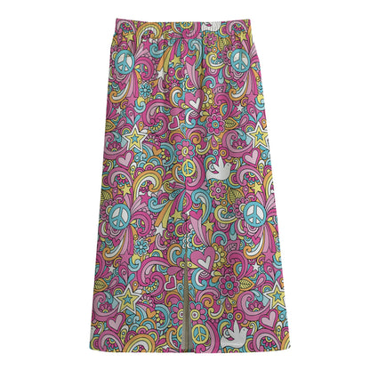 Groovy Girly Peace Pattern Print Cotton Front Slit Maxi Skirt