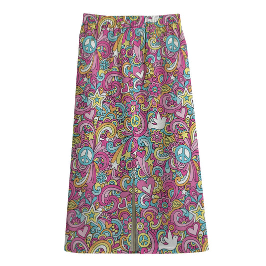 Groovy Girly Peace Pattern Print Cotton Front Slit Maxi Skirt