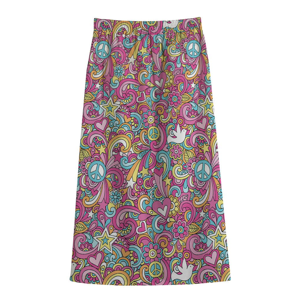 Groovy Girly Peace Pattern Print Cotton Front Slit Maxi Skirt