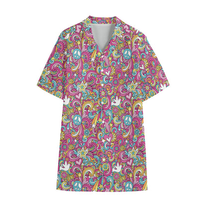 Groovy Girly Peace Pattern Print Cotton Hawaiian Shirt