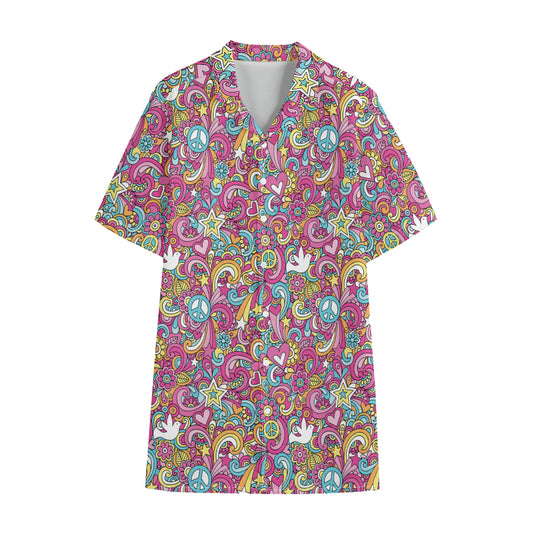 Groovy Girly Peace Pattern Print Cotton Hawaiian Shirt