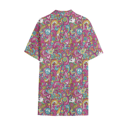 Groovy Girly Peace Pattern Print Cotton Hawaiian Shirt