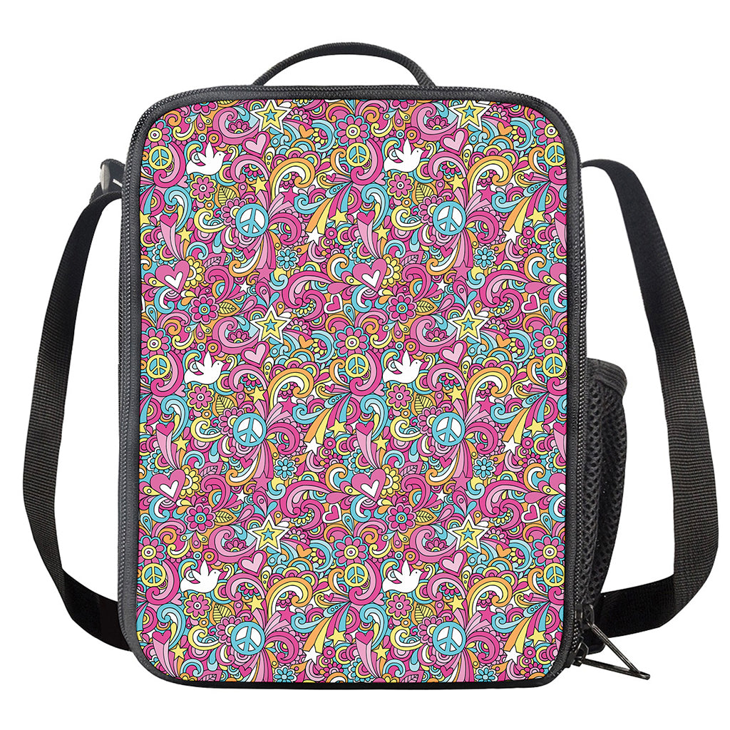 Groovy Girly Peace Pattern Print Crossbody Lunch Bag