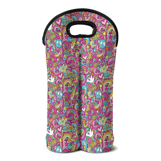 Groovy Girly Peace Pattern Print Double Neoprene Wine Tote